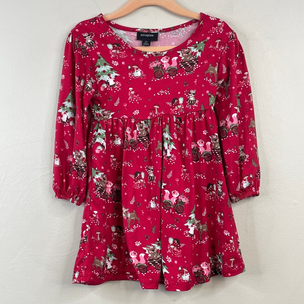 Picapino Christmas Forest Animals Dress Girls 2T Red Whimsical Holiday Pullover
